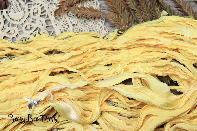 DAFFODIL Sari Silk Ribbon, Fair Trade, Recycled, Handmade Yarn, Frayed Yarn, Art Yarn, Knitting, Crocheting, Weaving 5 or 10 yards image 3