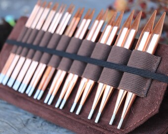 LYKKE CYPRA COPPER 5" Interchangeable Circular Knitting Needles Umber Gift Set 12 pairs wooden knitting needles. Brown Case.