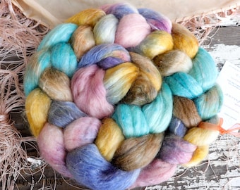 Hand Dyed Falkland Wool Silk Roving: Opaline Combed Top, Spinning Fiber