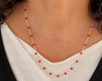 Dainty Tiny Red Flower Beaded Necklace - Minimalist, delicate, layering jewelry Gift #1