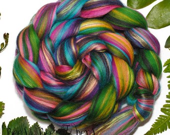 FOREST JEWELS - Custom Blend Merino and Mulberry Silk Combed Top Wool Roving for Spinning or Felting in bright colors -4 oz