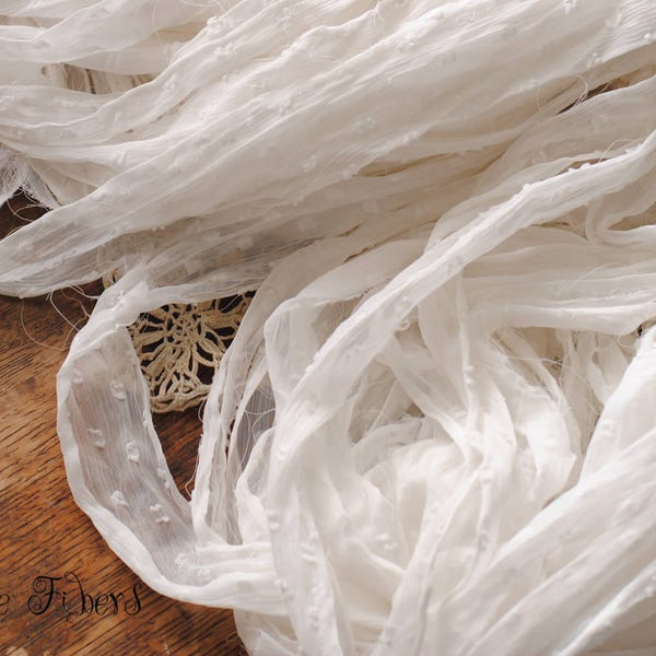 White Ribbon Yarn Polka Dot Recycled Silk Fair Trade for altered art, jewelry, journaling - Choose 5 or 10 yards