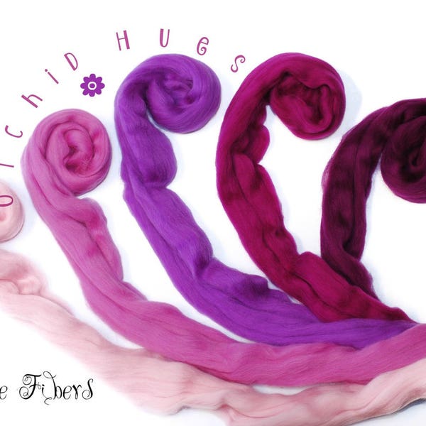 ORCHID HUES -  From Pink to Merlot - Merino Wool Roving Combed Top 5 colors gradient Spinning Wool - 4 oz