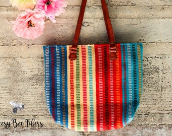 Handmade Wool Tote: Striped Woven Shoulder Bag with Leather Handles