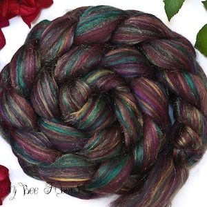 Mezcla exclusiva de lana merino y seda de morera color canela y verde azulado para hilar o fieltrar en colores brillantes - 113 g