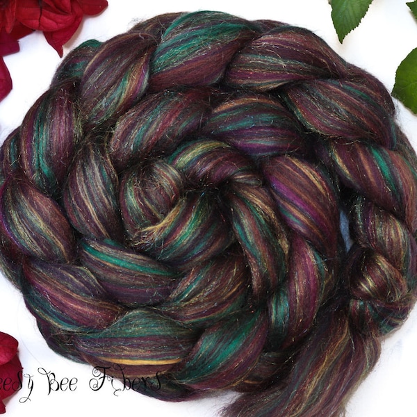 CINNAMON TEAL Signature Blend Merino and Mulberry Silk Combed Top Wool Roving for Spinning or Felting in bright colors -4 oz