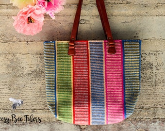 Handmade Wool Tote: Striped Shoulder Bag with Leather Handles