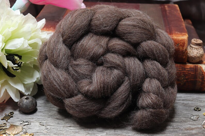 CORRIEDALE CROSS Combed Top Roving For Spinning, Carding, Felting, Weaving, Natural Brown Undyed Wool 4 oz image 1