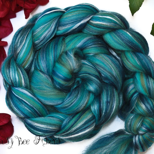 MOTHER EARTH Custom Blend Merino and Mulberry Silk Combed Top Wool Roving for Spinning or Felting in bright colors -4 oz