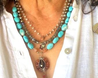 WILDFLOWERS – Embroidered Necklace, Leather, Turquoise, Labradorite, Fresh Water Pearls, Smoky Quartz & Sterling Silver