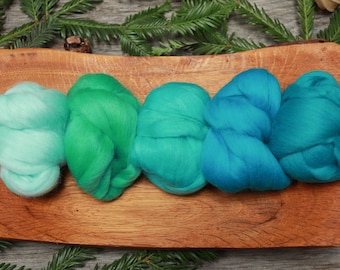 Caribbean Hues Merino Wool Roving: Mint to Turquoise Gradient, 4 oz
