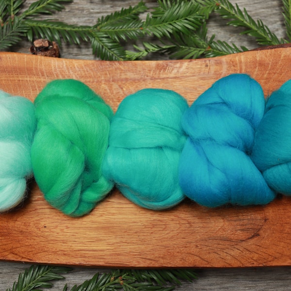 CARIBBEAN HUES Merino Wool Roving Combed Top 5 colors gradient Spinning Wool - From Mint to Turquoise  - 4 oz