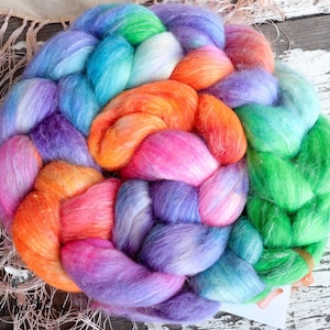 ACID BLOOM Falkland Wool/Silk Combed Top, Roving, Hand Dyed Spinning Fiber, 70/30, Soft and Lustrous for Spinning and Felting