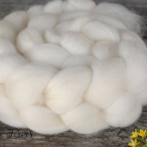 Puede incluir: Primer plano de un gran mech&oacute;n trenzado de lana merino de color blanquecino. Las fibras son gruesas y esponjosas, con un aspecto suave y texturizado. La lana est&aacute; dispuesta en una trenza circular. La imagen est&aacute; sobre una superficie de madera.