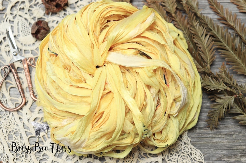 DAFFODIL Sari Silk Ribbon, Fair Trade, Recycled, Handmade Yarn, Frayed Yarn, Art Yarn, Knitting, Crocheting, Weaving 5 or 10 yards image 1