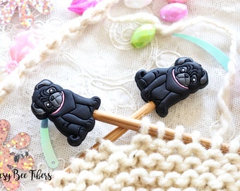 Pug Knitting Needle Toppers: Silicone Point Protectors - Set of Two