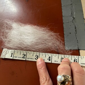 Puede incluir: Un mont&oacute;n de fibra blanca, de aproximadamente 7,6 cm de largo, se mide con una cinta m&eacute;trica. La cinta m&eacute;trica la sostiene una persona que lleva anillos. El fondo es una superficie de color marr&oacute;n rojizo.