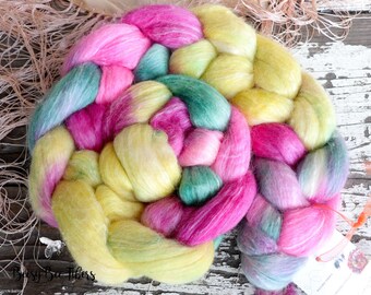 Hand Dyed Falkland Wool Silk Roving: Sunlit Canopy Fiber Art