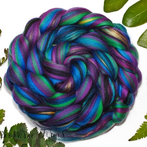 HARLEQUIN Signature Custom Blend Merino and Mulberry Silk Combed Top Wool Roving for Spinning or Felting in bright colors -4 oz