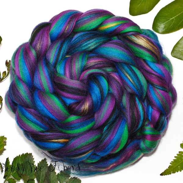 HARLEQUIN Signature Custom Blend Merino and Mulberry Silk Combed Top Wool Roving for Spinning or Felting in bright colors -4 oz