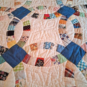 Edredón vintage de doble anillo de boda, tamaño Queen, 72x84 pulgadas, patchwork cosido a mano, estilo cabaña, multicolor.