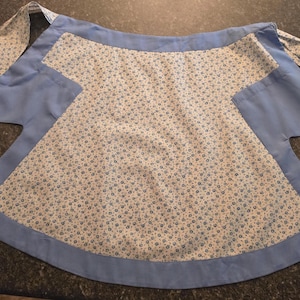 May include: A light blue apron with a floral pattern on the front panel and matching ties. The apron features a contrasting blue border and side panels. The floral pattern consists of small blue flowers on a white background.