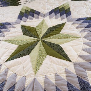 King Size Green & Blue Star Quilt – Amish Hand-Stitched Patchwork – Modern/Traditional Blend – 100% Cotton