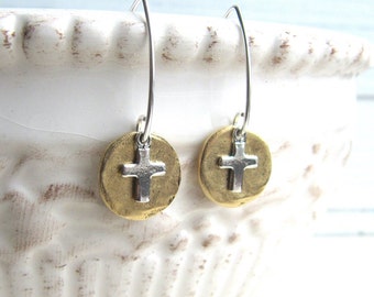 Sterling Silver Cross and Hammered Gold Coin Earrings, Mixed Metal, Round, Circle, Disc, Charm, Christian, Catholic, Confirmation, Easter