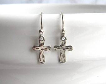 Sterling Silver Hammered Cross Earrings, Charm, Dangle, Drop, Textured, Christian, Catholic, Faith, Religious, Simple, Confirmation, Easter