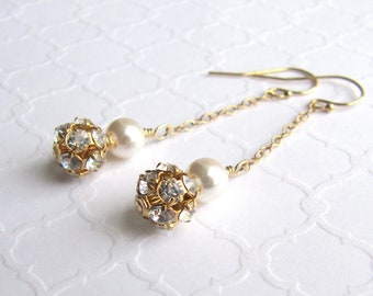 Long Swarovski Gold Rhinestone Ball and White Pearl Earrings, Clear Crystal, Gold Filled Chain, Dangle, Drop, Elegant, Bridal, Wedding