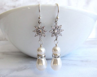 White Crystal Teardrop Pearl and Cubic Zirconia Flower Earrings, Sterling Silver Ear Wires, Rhinestone, Star, Sparkly, Wedding, Bridal