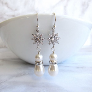 White Austrian Crystal Teardrop Pearl and Cubic Zirconia Flower Earrings, Sterling Silver Ear Wires, Rhinestone, Star,Sparkly,Wedding,Bridal