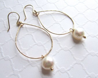 Gold Filled Teardrop Hoop, White Freshwater Baroque Pearl Earrings, Hammered, Dangle, Drop, Statement, Handmade, Beaded, Gift for Her