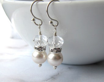 White Pearl, Clear Crystal Rhinestone, Sterling Silver Earrings, Swarovski, Faceted, Wire Wrapped, Drop, Simple, Minimalist, Bridal, Wedding