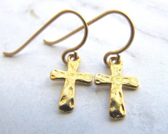 Gold Vermeil Hammered Cross and Gold Filled Earrings, Charm, Dangle, Drop, Textured, Christian,Catholic,Faith,Religious,Easter, Confirmation