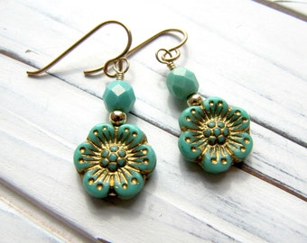 Turquoise Czech Glass Wild Rose Flower and Gold Filled Earrings, Blue, Green, Aqua, Wire Wrapped, Dangle,Drop,Summer,Spring,Tropical, Floral