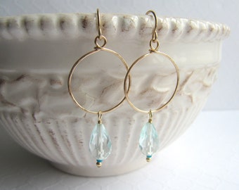 Aqua Blue Quartz Teardrop and Gold Filled Hoop Earrings, Hammered, Stone, Drop, Dangle, Beaded, Light Blue, Aquamarine, Summer, Vacation