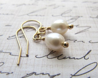 Simple White Freshwater Pearl and Gold Filled Earrings, Wire Wrapped, Minimalist, Everyday, June Birthstone, Gift for Her, Mother's Day