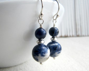 Blue Sodalite Gemstone and Sterling Silver Earrings, Wire Wrapped, Drop, Dangle, Denim, Navy, Chambray, Everyday, Gift for Her