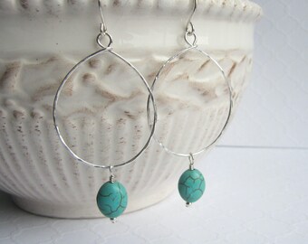 Sterling Silver Hoop and Turquoise Stone Earrings, Hammered, Bead,Dangle, Aqua, Blue Green, Tropical, Summer Jewelry, Handmade, Modern