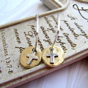 Sterling Silver Cross and Hammered Gold Coin Earrings, Mixed Metal, Round, Circle, Disc, Charm, Christian, Catholic, Confirmation, Easter