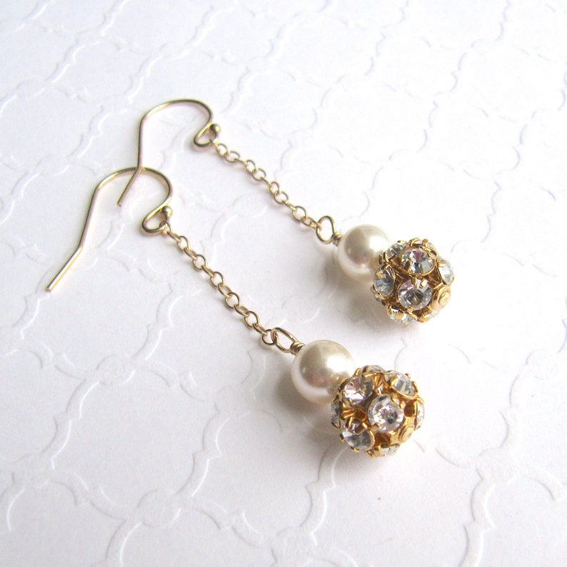 Long Swarovski Gold Rhinestone Ball and White Pearl Earrings, Clear Crystal, Gold Filled Chain, Dangle, Drop, Elegant, Bridal, Wedding image 4