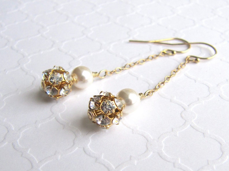 Long Swarovski Gold Rhinestone Ball and White Pearl Earrings, Clear Crystal, Gold Filled Chain, Dangle, Drop, Elegant, Bridal, Wedding image 1
