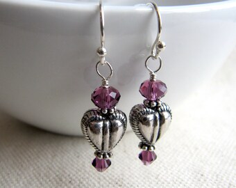 Antique Sterling Silver Heart and Amethyst Crystal Earrings, Valentines Day, Purple, Violet, Etched, Wire Wrapped, Minimalist, Feminine