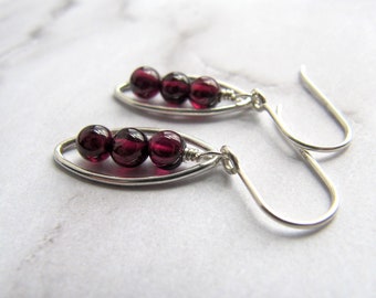 Garnet Gemstone and Sterling Silver Marquise Link Earrings, Red, Burgundy, Wine, Stacked Stone, Wire Wrapped, January Birthstone, Holiday