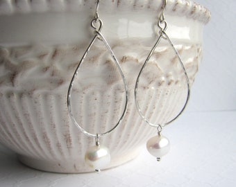 Sterling Silver Teardrop Hoop, White Baroque Freshwater Pearl Drop Earrings, Handmade, Hammered, Beaded, Dangle, Long, Statement, Gift