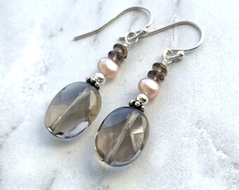 Smokey Quartz and Pink Freshwater Pearl, Sterling Silver Earrings, Beaded, Wire Wrapped, Handmade, Brown, Rose,Multicolor,Gemstone,Natural,