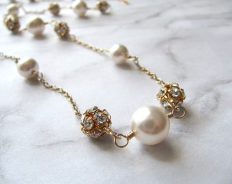 White Pearl and Gold Crystal Rhinestone Ball,Wire Wrapped Station Necklace,25"-27" Long,Gold Filled Chain,Tin Cup,Bridal,Mother of the Bride
