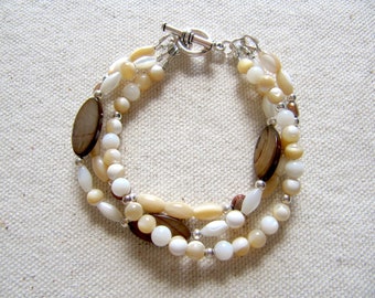 Mother of Pearl Shell, Freshwater Pearl and Sterling Silver Triple Strand Bracelet, Toggle Clasp, Mixed,Brown,Tan, Cream,White,Natural,Beach