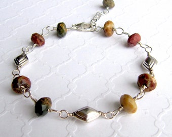 Red Creek Jasper and Sterling Silver Wire Wrapped Bracelet, Gemstone, Stone, Beaded, Handmade, Earthy, Natural, Brown, Green, Cream, Gift